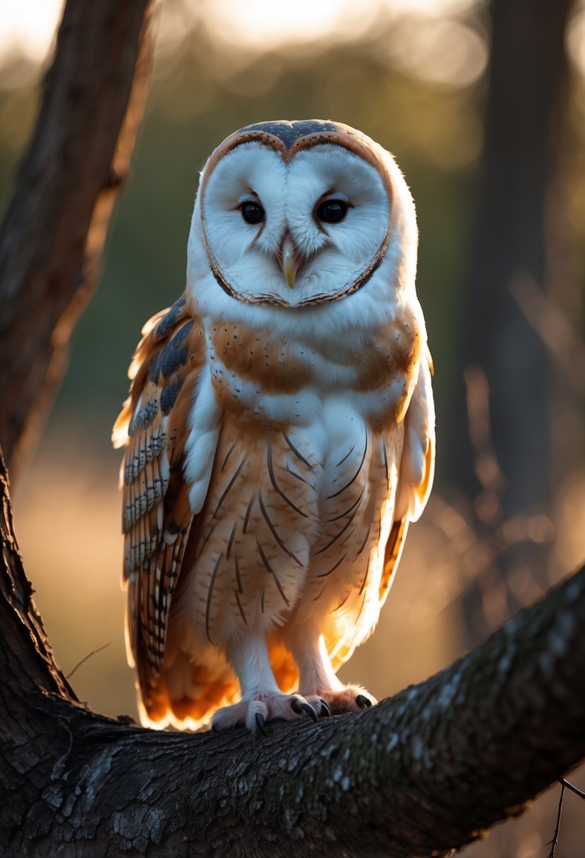 A barn owl perched on a tree branch in a natural woodland setting.