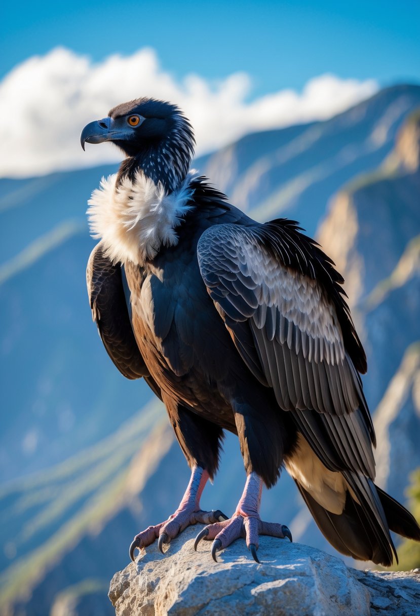An Andean Condor perched on a rocky cliff in the mountains with its wings partially spread.