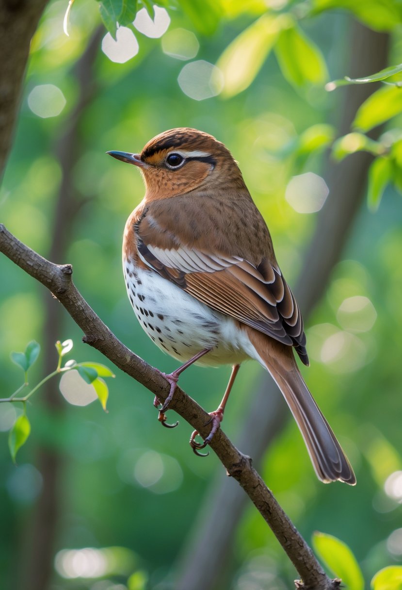 A Wood Thrush perched on a tree branch surrounded by green leaves in a forest.