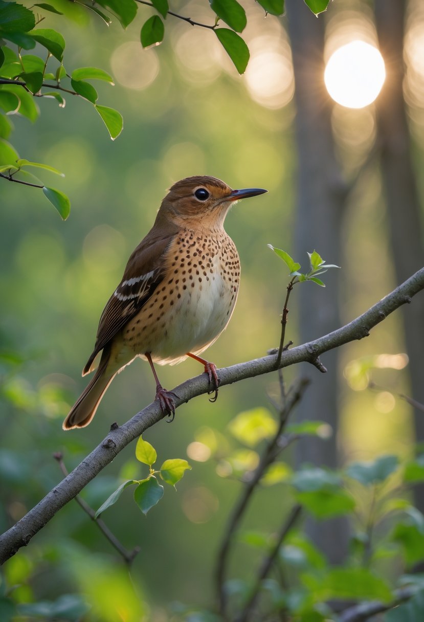 A Hermit Thrush perched on a tree branch in a forest with sunlight filtering through the leaves.