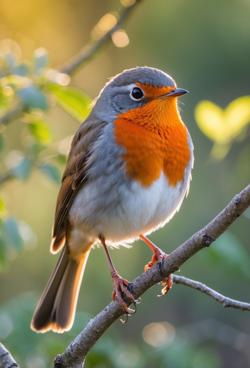An American Robin perched on a tree branch with green foliage in the background.