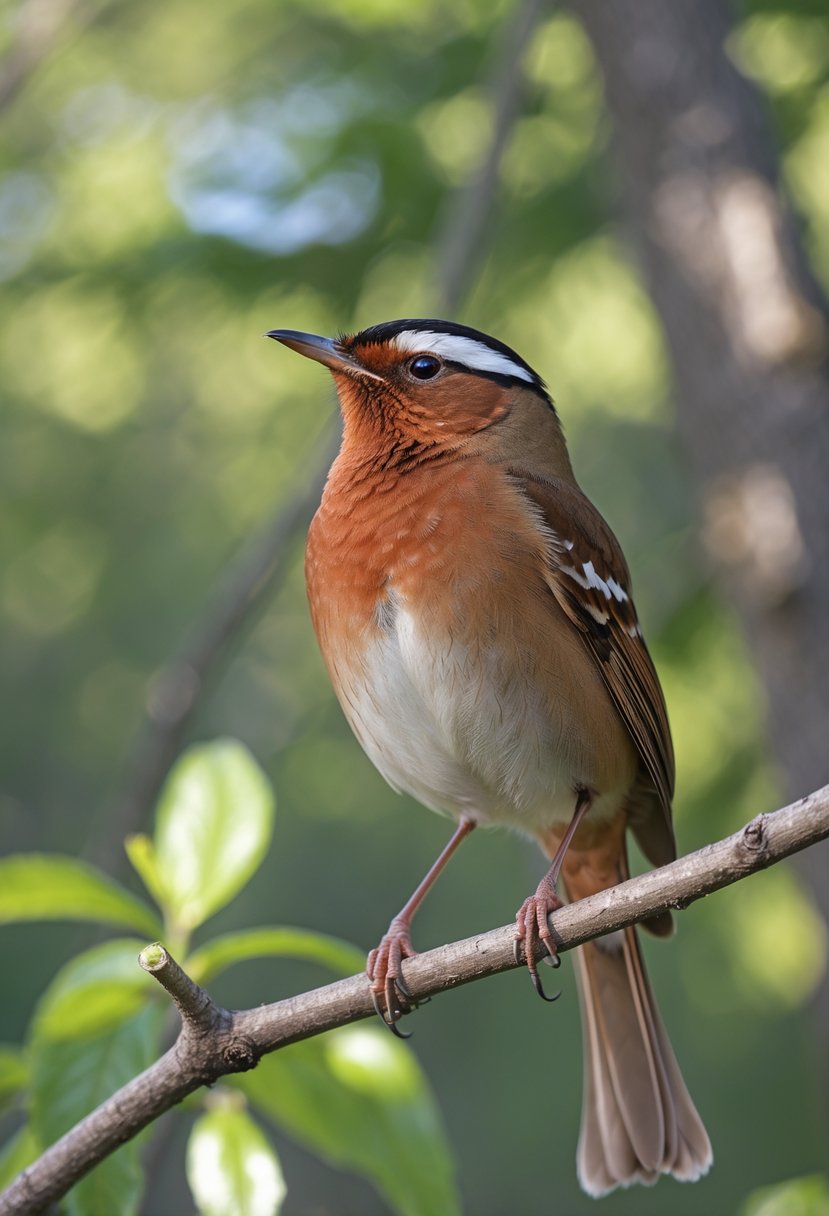 A Carolina Wren perched on a branch surrounded by green leaves in a forest.