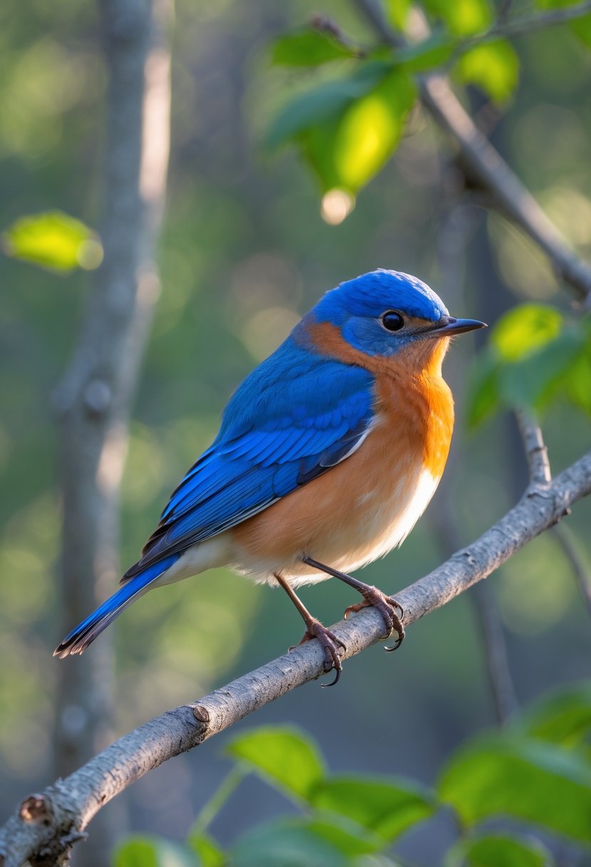 An Eastern Bluebird perched on a tree branch with green leaves in the background.