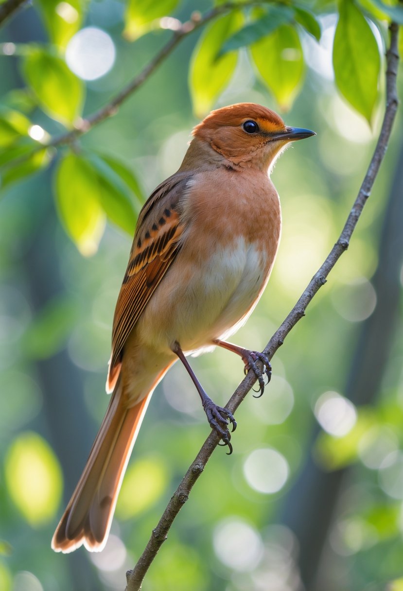 A Veery songbird perched on a branch in a green forest with sunlight filtering through the leaves.