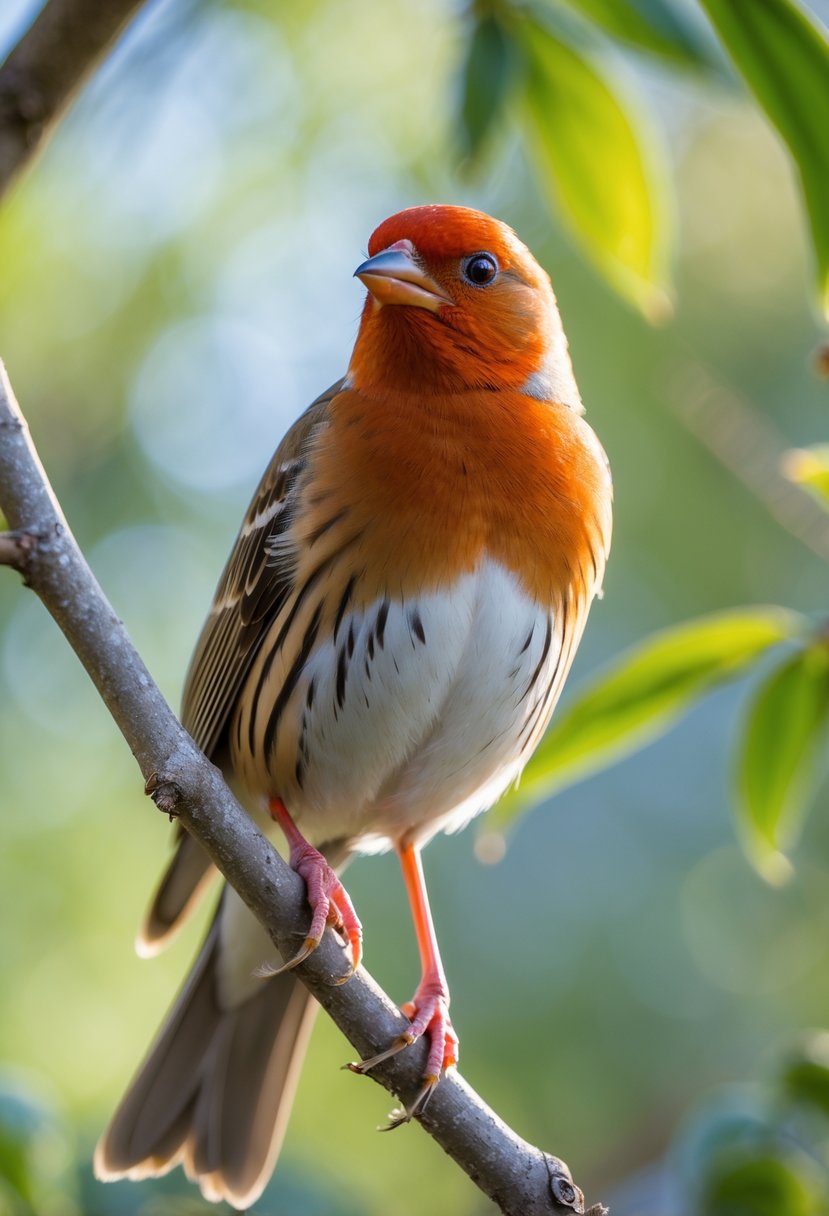 A colorful male House Finch perched on a tree branch surrounded by green leaves.