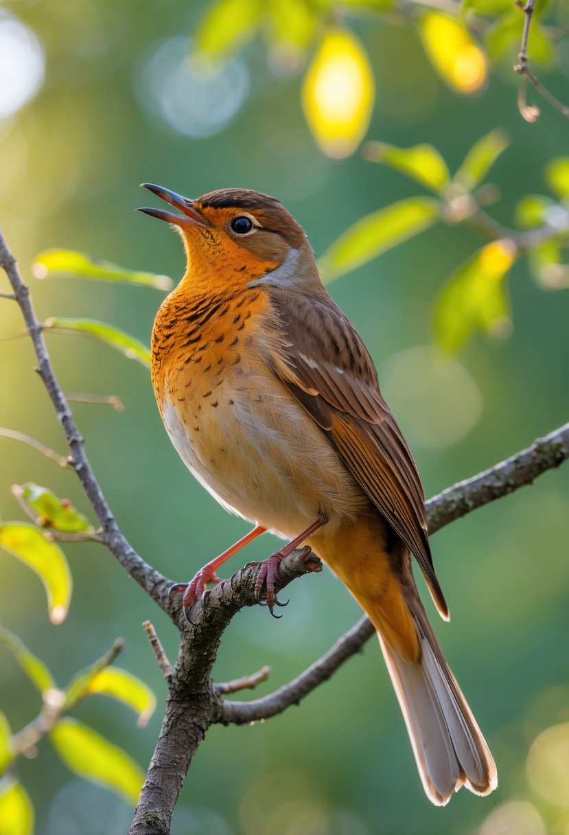 A thrush bird perched on a tree branch surrounded by green leaves in a forest.