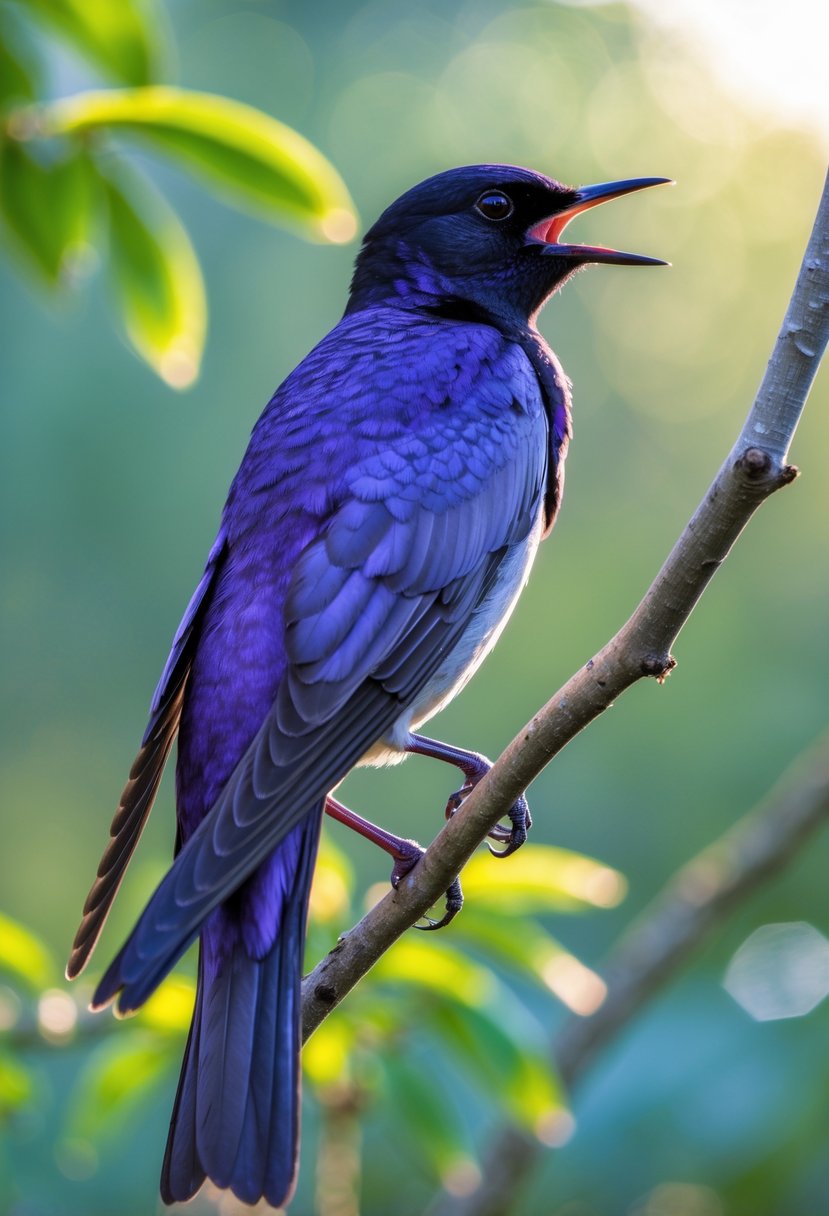 A Purple Martin bird perched on a tree branch in a green forest, appearing to sing.