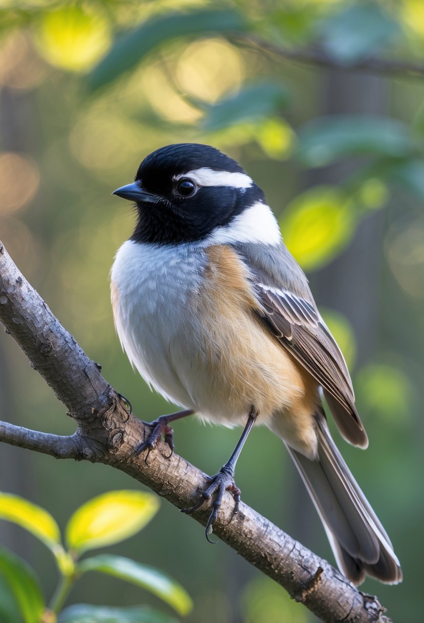 A Black-Capped Chickadee perched on a tree branch in a green woodland setting.