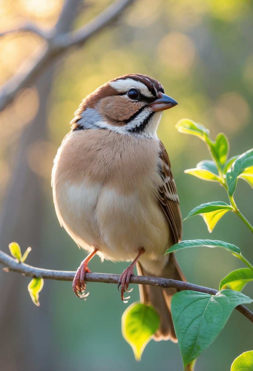 A close-up of a sparrow perched on a branch with green leaves in a natural outdoor setting.