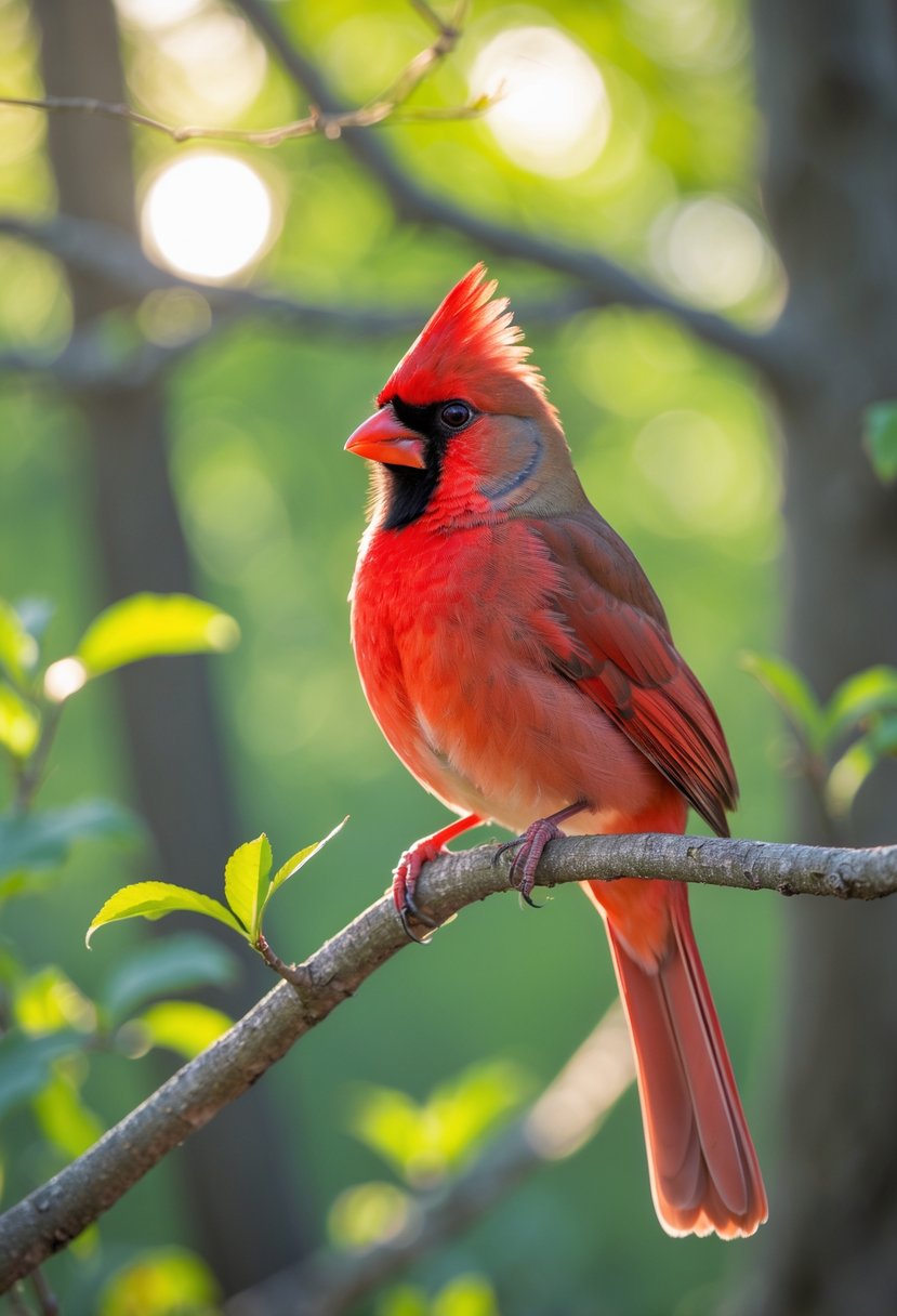 A bright red Northern Cardinal perched on a tree branch in a green forest, singing with its beak open.