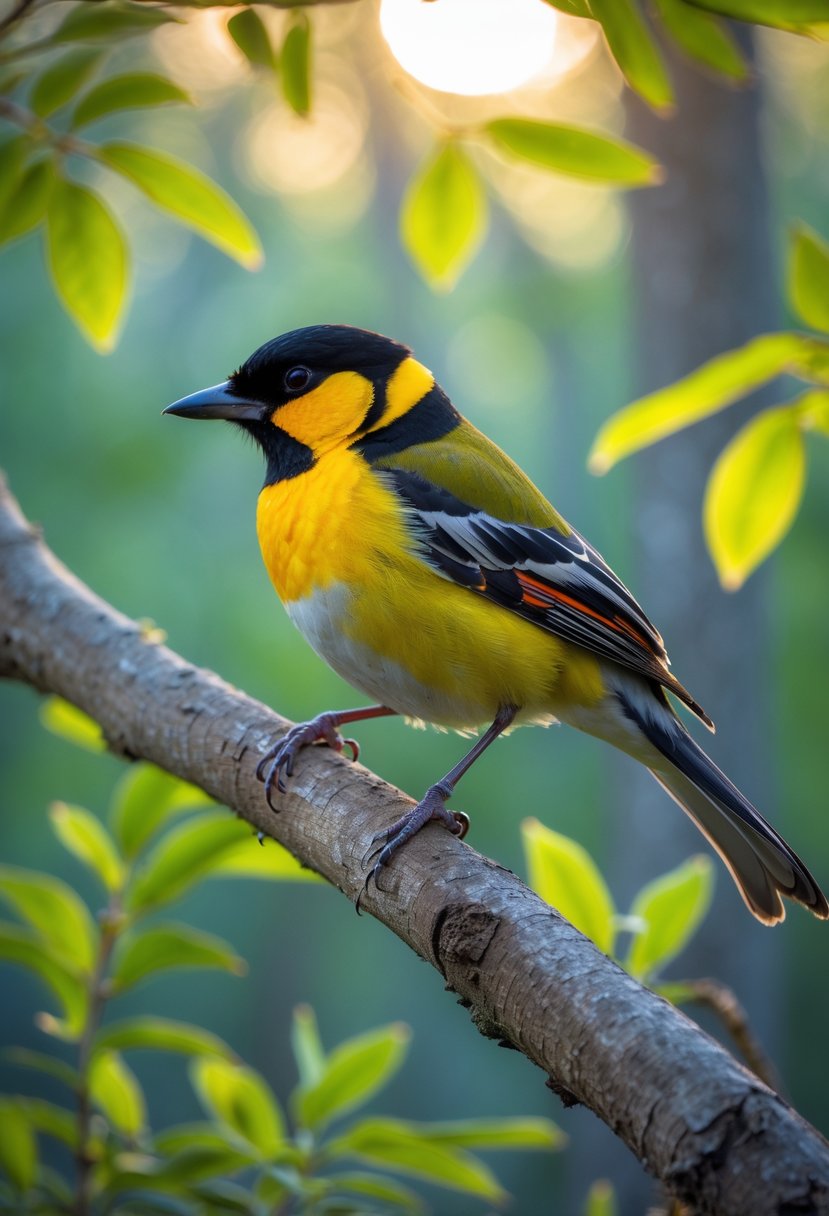A colorful grosbeak bird perched on a tree branch surrounded by green leaves in a forest.