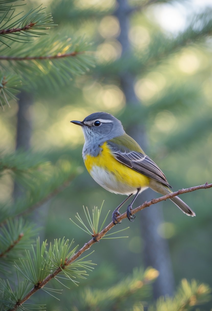 A Kirtland’s Warbler perched on a pine branch in a sunlit pine forest.
