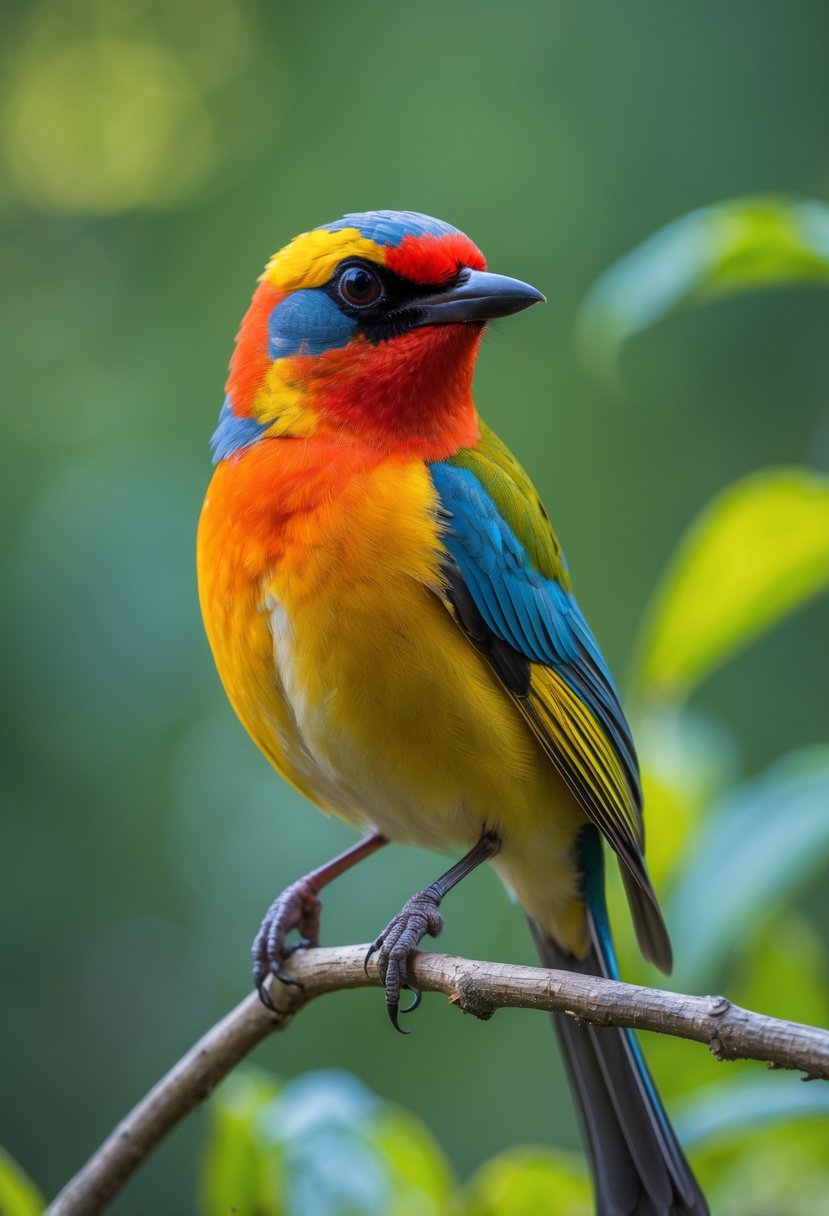 A colorful tanager bird perched on a branch surrounded by green leaves in a forest.