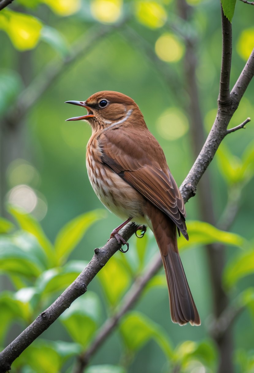 A Common Nightingale perched on a tree branch surrounded by green leaves, singing with its beak open.