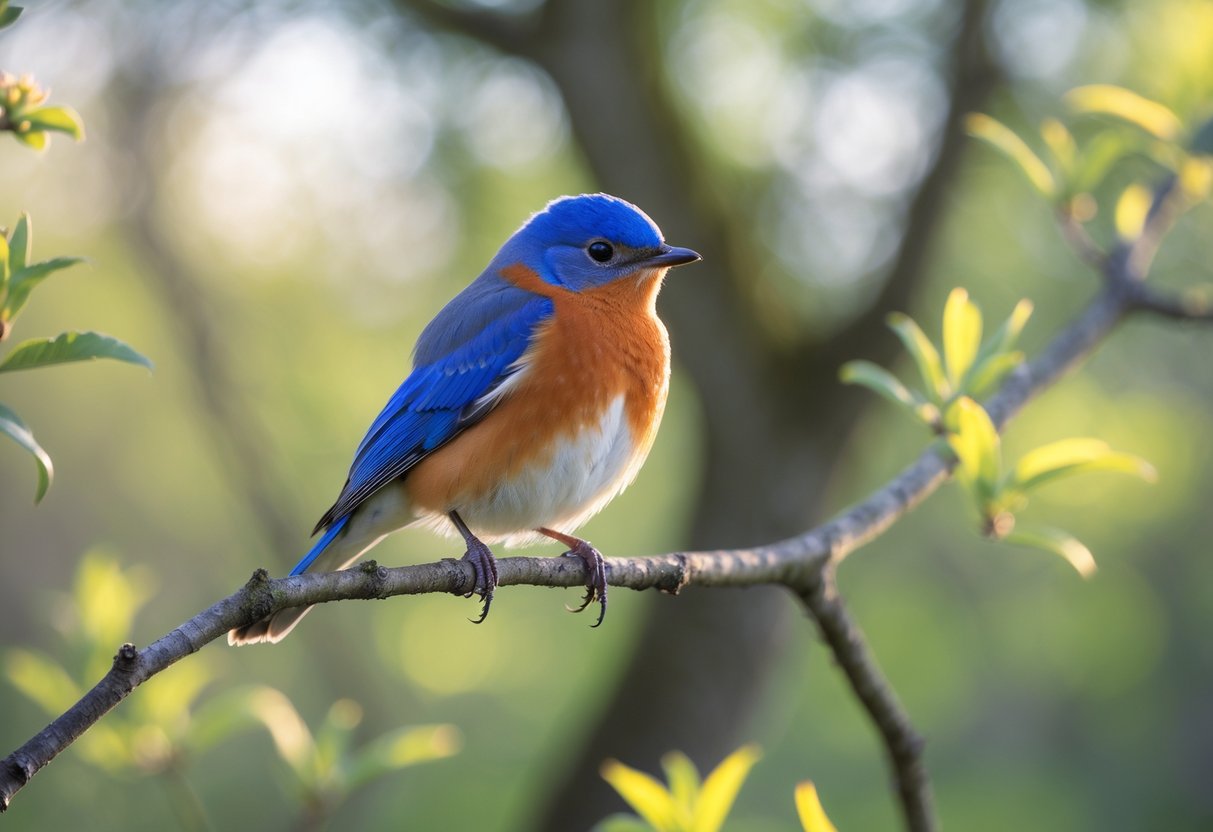 An Eastern Bluebird perched on a branch surrounded by green leaves in a natural outdoor setting.