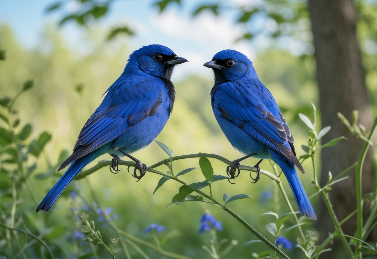 Two bright blue Indigo Bunting birds perched on green branches in a leafy Ohio forest.