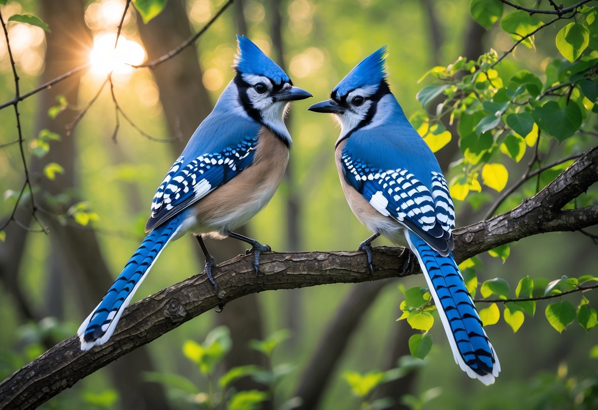 Two Blue Jays perched on a tree branch surrounded by green leaves in an Ohio forest.
