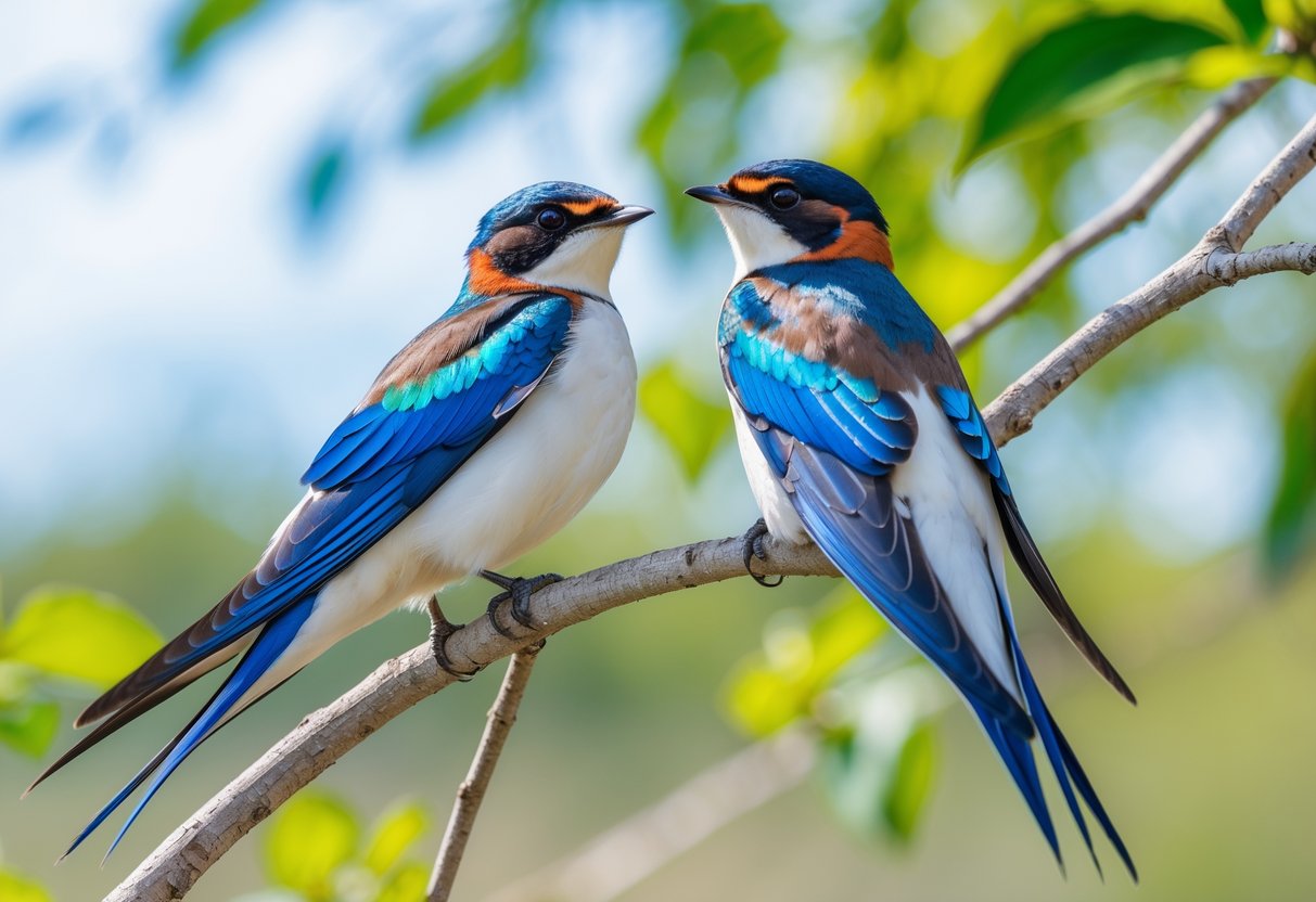 Two Tree Swallows with blue and white feathers perched on a branch surrounded by green leaves.