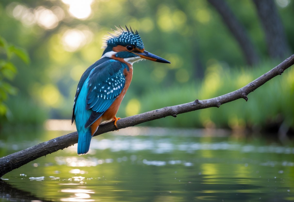 A Belted Kingfisher bird perched on a branch over a stream surrounded by green foliage.