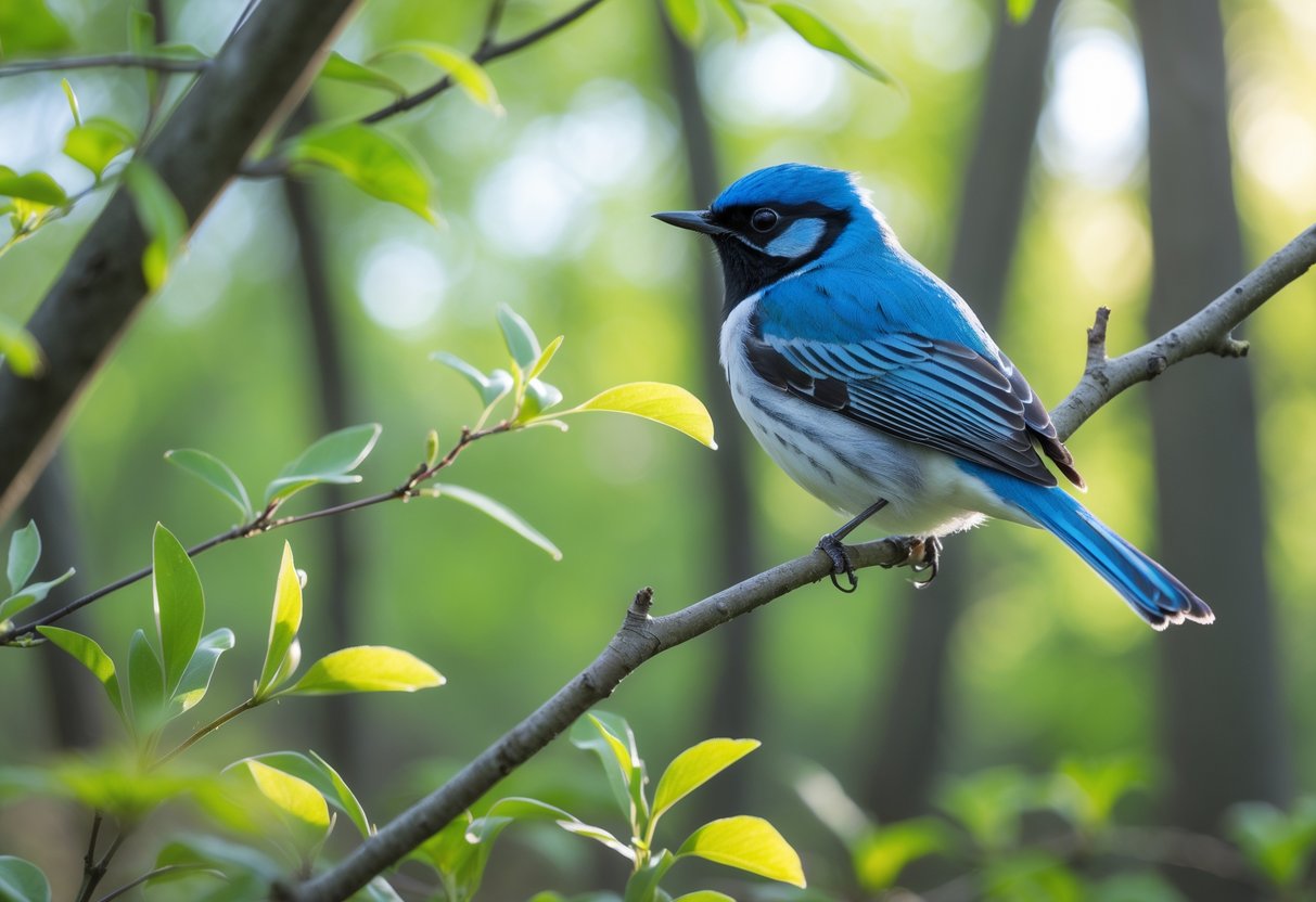 A Cerulean Warbler perched on a tree branch surrounded by green leaves in an Ohio forest.