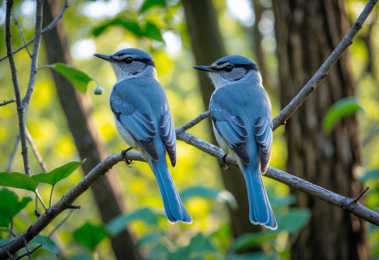 Two Blue-gray Gnatcatcher birds perched on branches in a green forest.