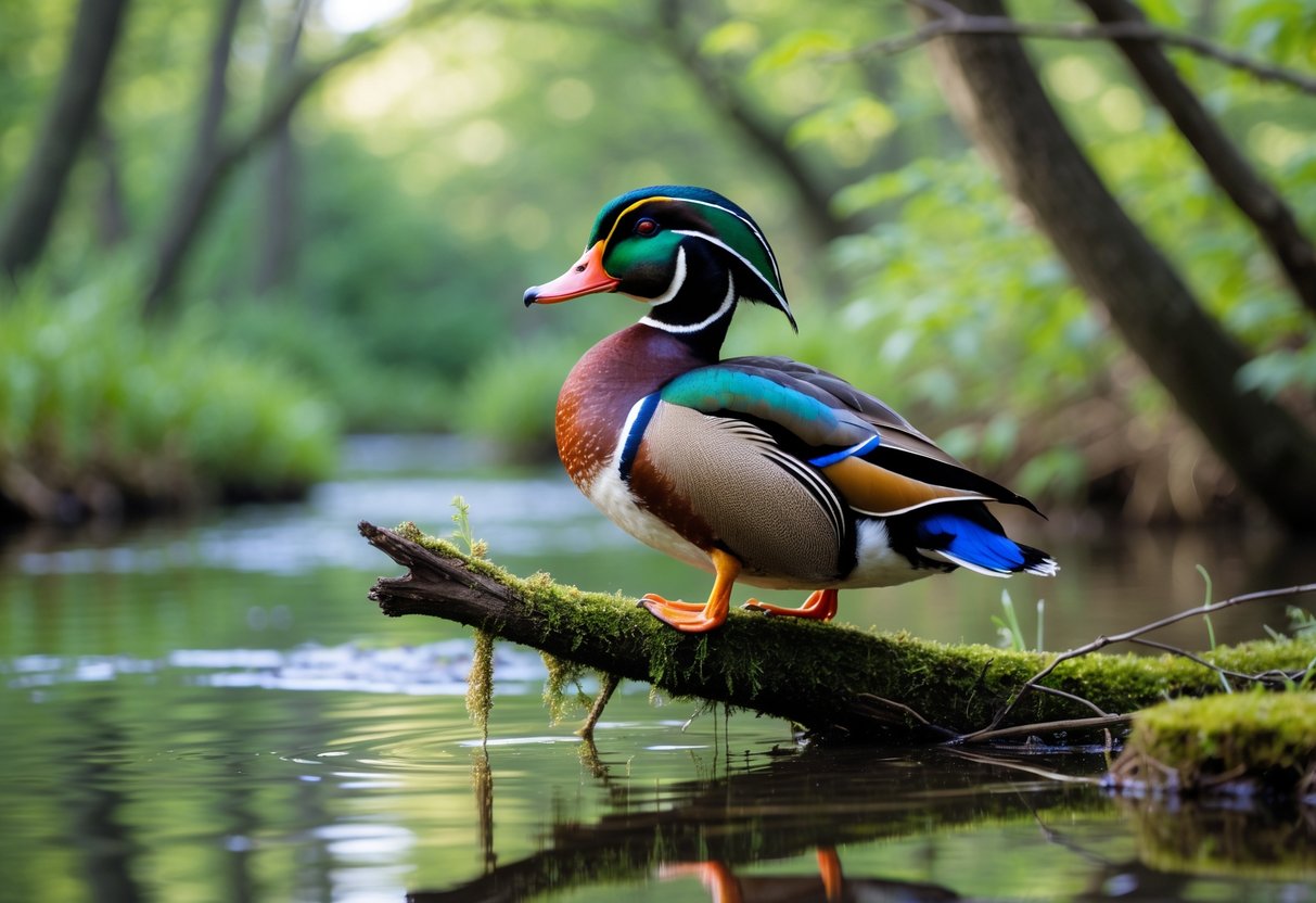 A colorful Wood Duck perched on a branch over a stream in a green forest.