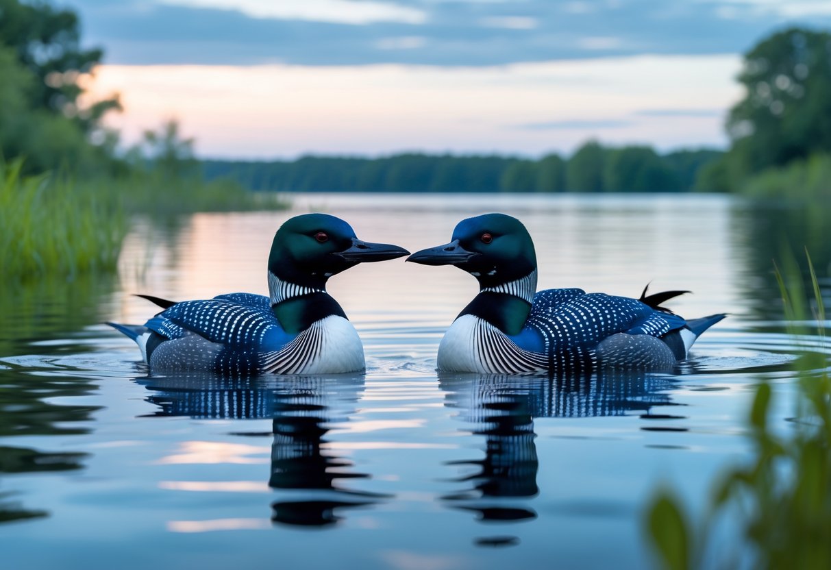 Two common loons with blue and black feathers floating on a calm lake surrounded by green trees.