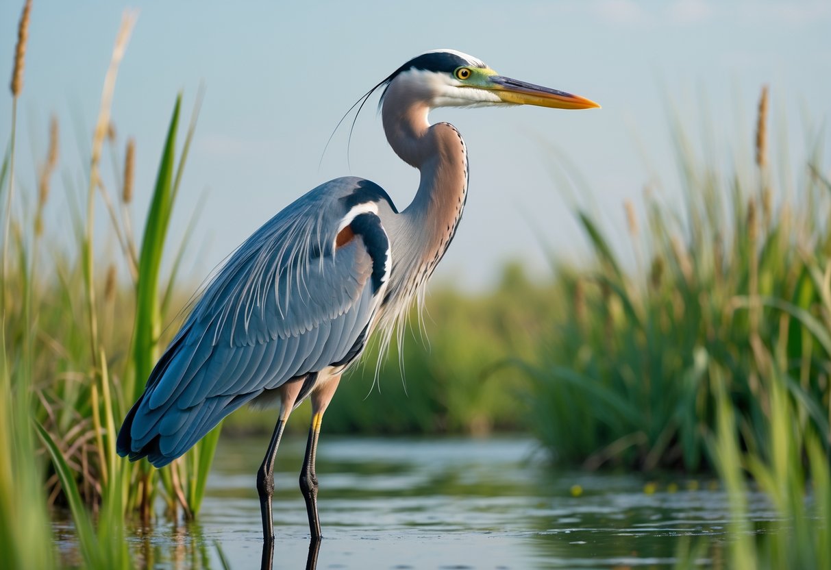 A Great Blue Heron standing among green reeds in a calm wetland in Ohio.
