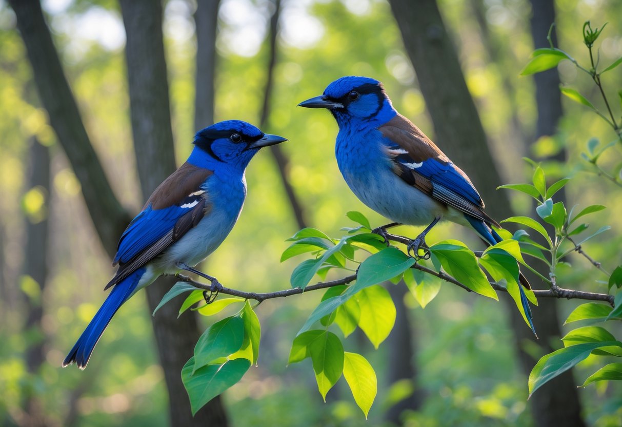 Two Blue Grosbeak birds perched on leafy branches in a green forest.