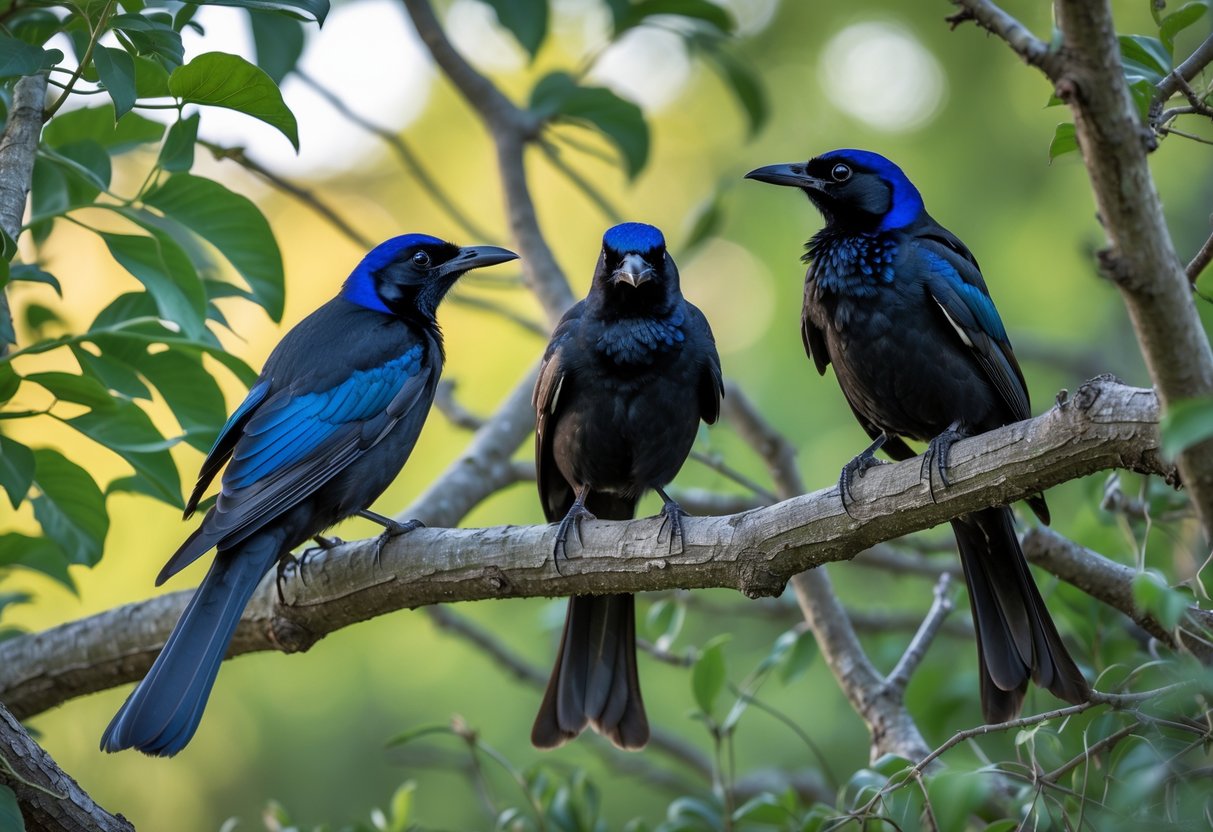 A group of Common Grackle birds with blue and black feathers perched on tree branches surrounded by green leaves.
