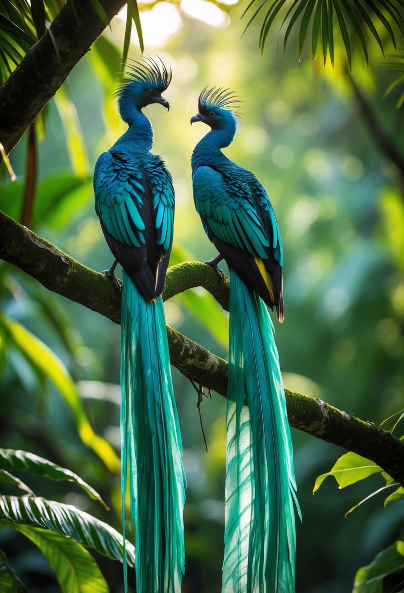 Two Ribbon-tailed Astrapia birds with long ribbon-like tails perched on green branches in a tropical forest.