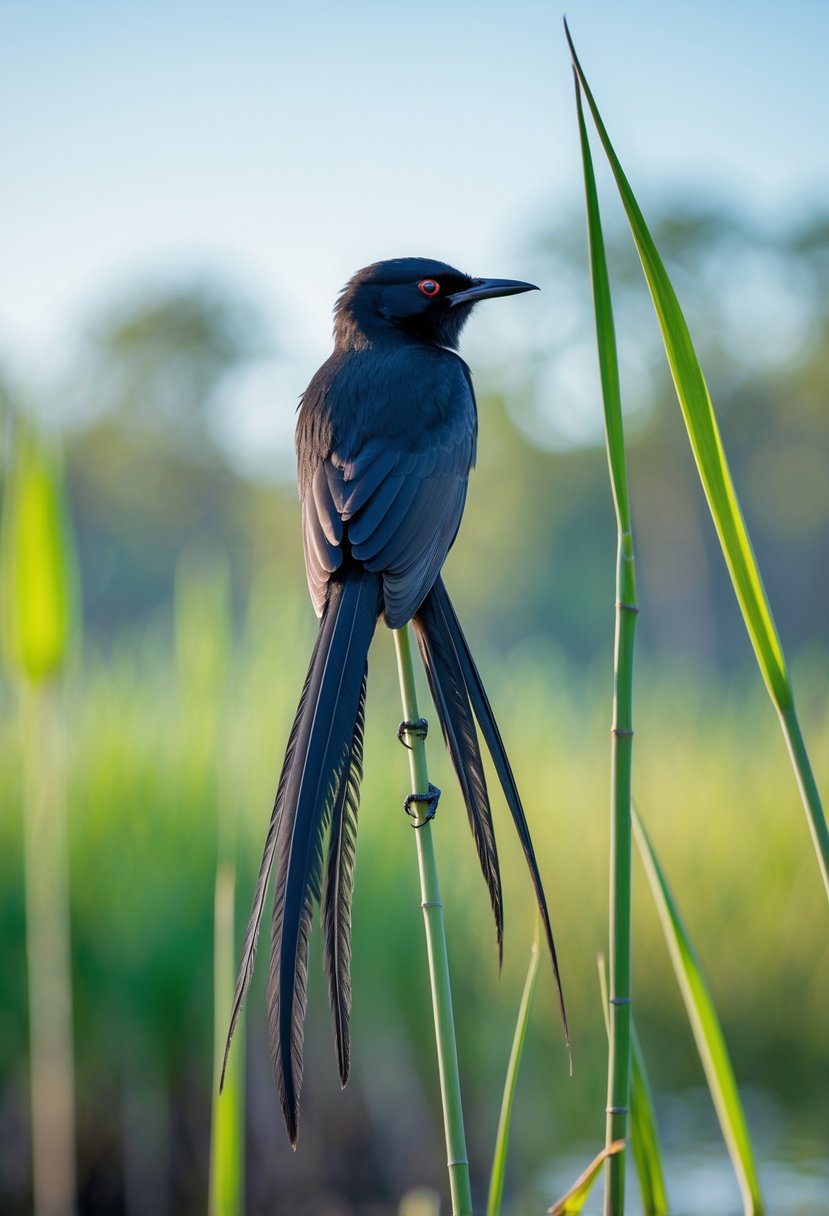 A Long-tailed Widowbird with very long black tail feathers perched on a green reed in a natural wetland setting.