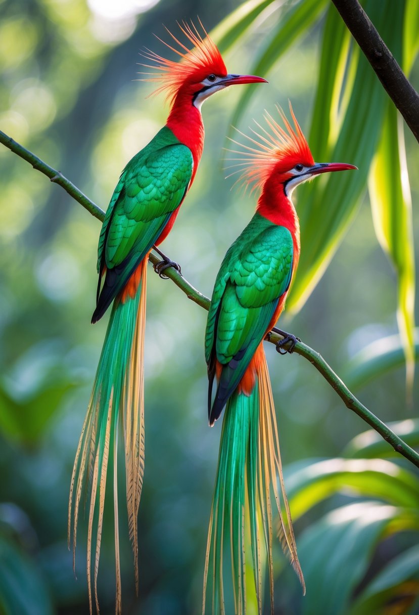 Two red-billed streamertail birds with long tails perched on green branches in a tropical forest.