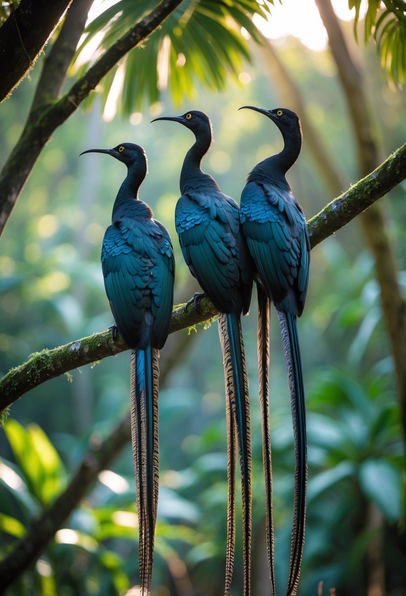 Two Riflebird birds with long tails perched on tree branches in a tropical rainforest.