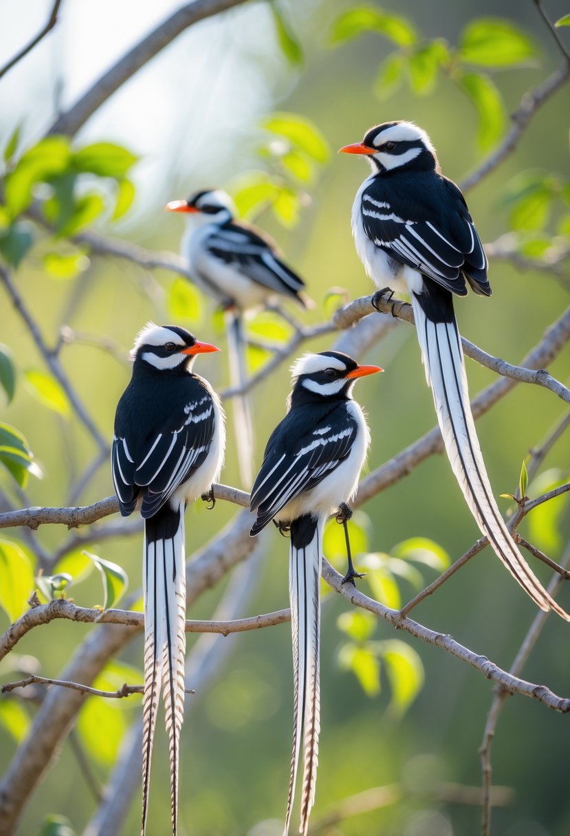 Several Pin-tailed Whydah birds with very long tail feathers perched on branches surrounded by green leaves.