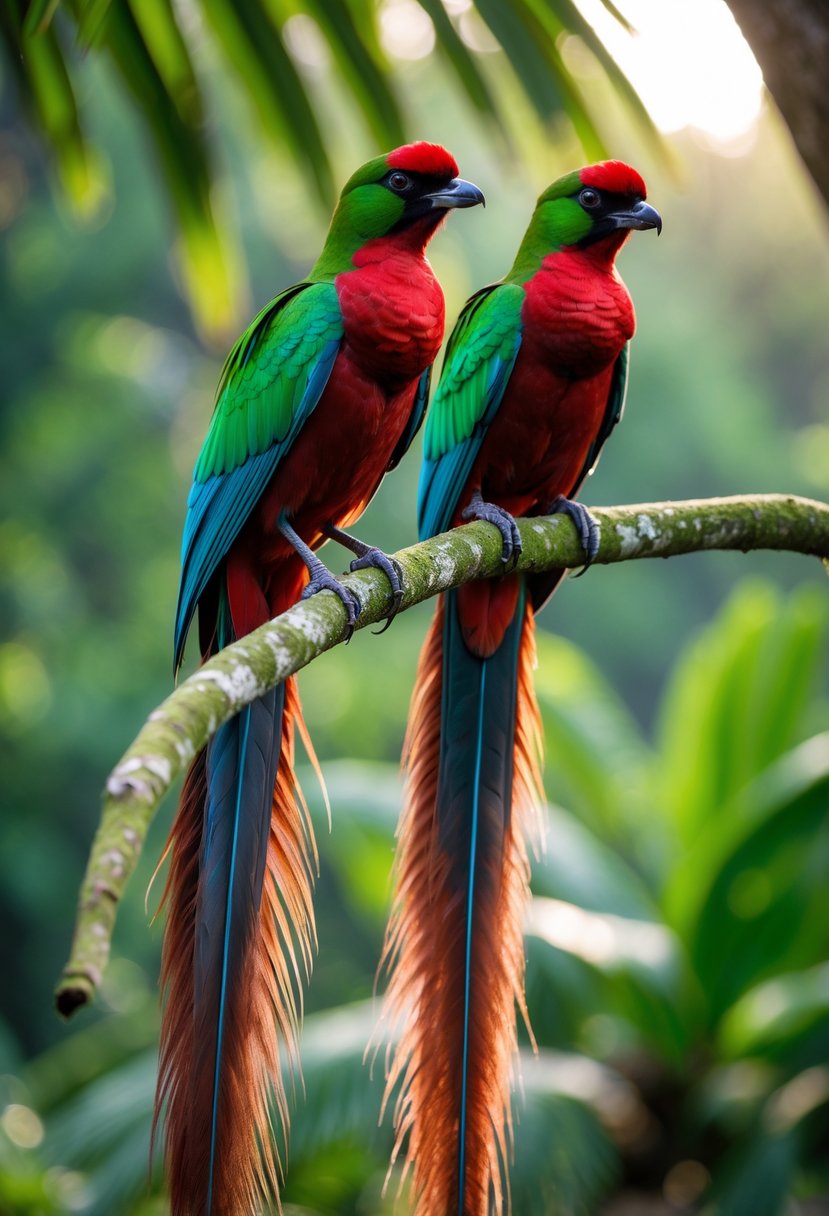Two resplendent quetzal birds with long tail feathers perched on green tropical branches in a rainforest.
