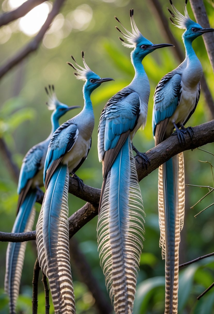 A group of lyrebirds with long, ornate tails perched on branches in a green forest.