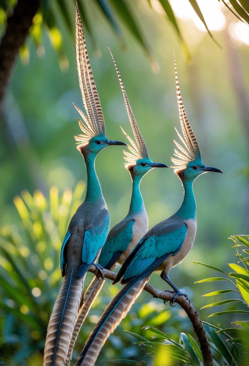 Two superb lyrebirds with long, elegant tails perched in a green forest.
