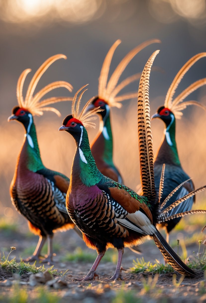 Several common pheasant birds with long tails standing in a natural outdoor setting.