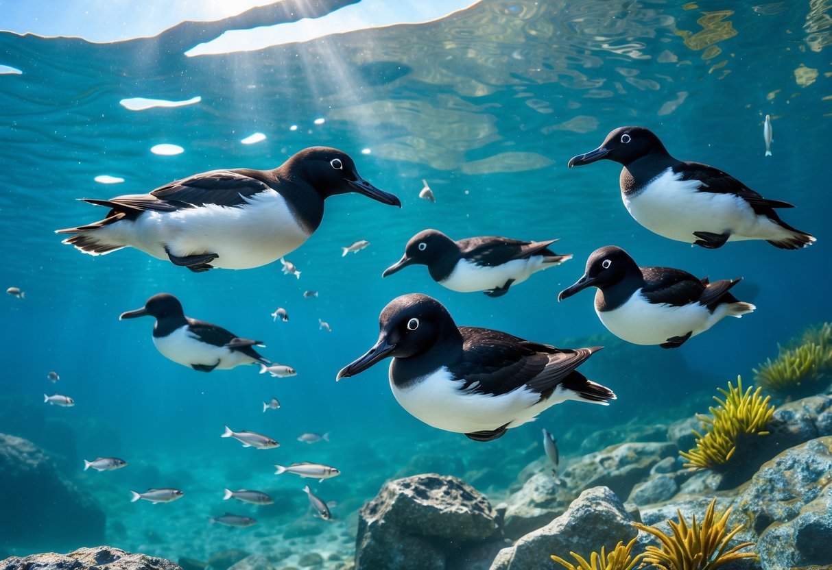 A group of Common Murres swimming underwater in a clear ocean with fish and rocks.
