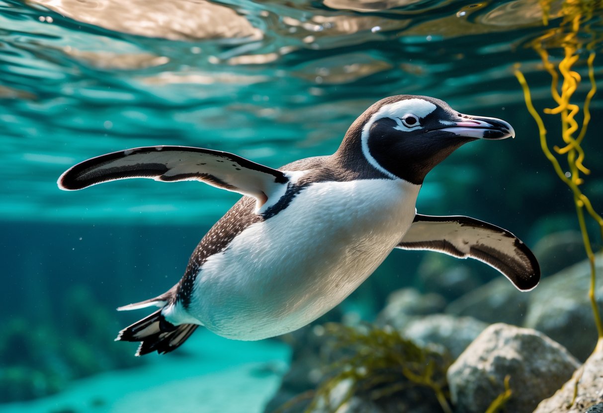 A Gentoo penguin swimming underwater in a clear ocean environment with rocks and seaweed.