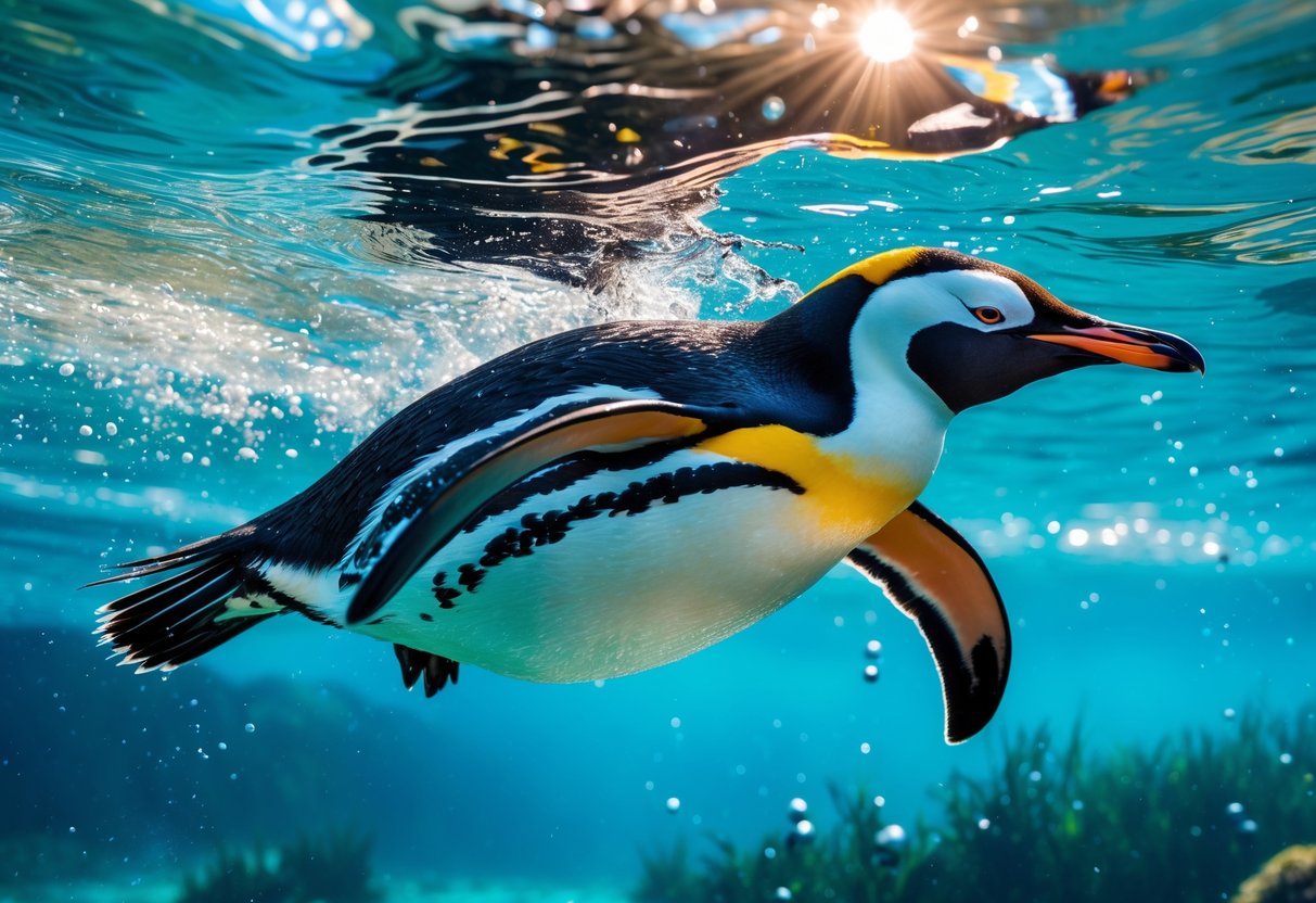 A King Penguin swimming underwater with clear blue water and sunlight filtering through.