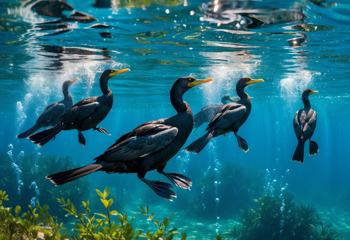 Several cormorants swimming underwater in clear blue water with light filtering through.
