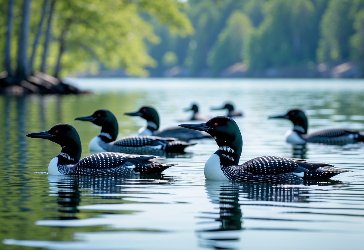 A group of loons swimming and floating on a calm lake surrounded by trees.