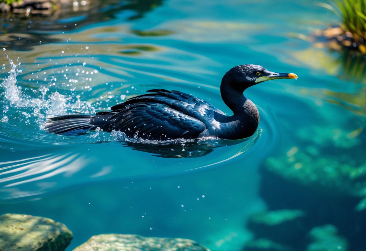A Great Cormorant swimming underwater in clear water with rocks and plants visible.