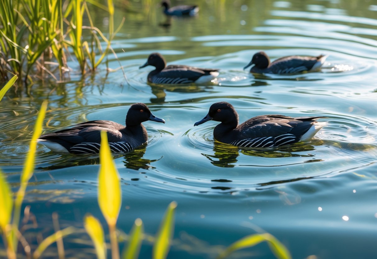 Several coot birds swimming underwater in a clear freshwater lake surrounded by aquatic plants.
