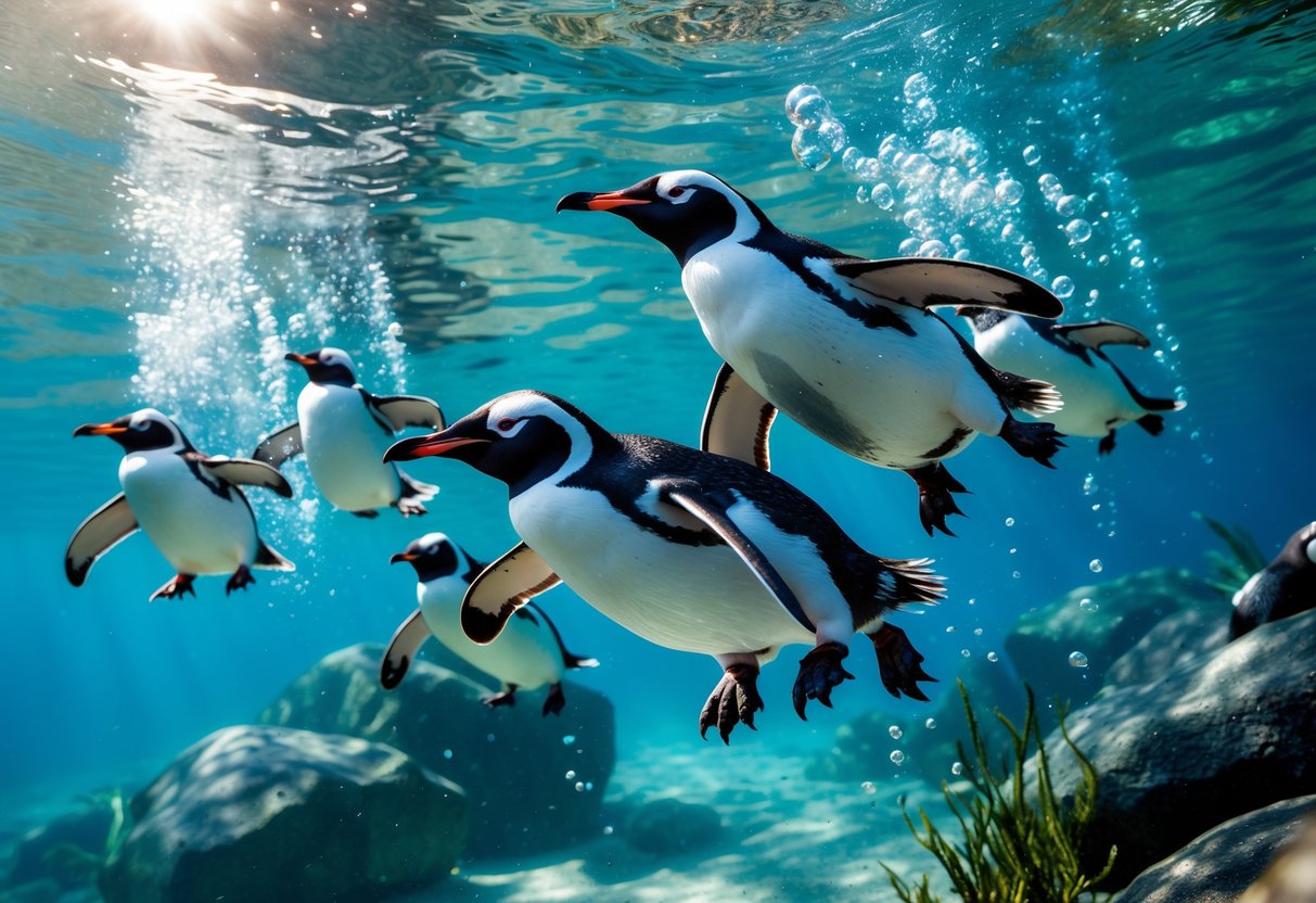 A group of penguins swimming underwater in clear blue ocean water with sunlight filtering through.